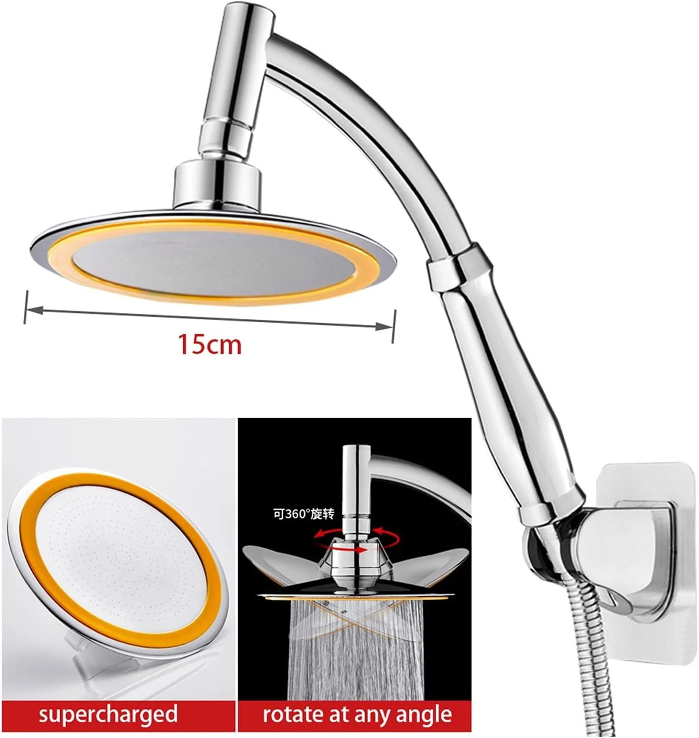 سردوش حمام 6 اینچی فشار قوی 360 درجه قابل تنظیم بزرگ گرد بارانی اسپری حمام دستی (رنگ: سردوش، اندازه سردوش: 6 اینچ)