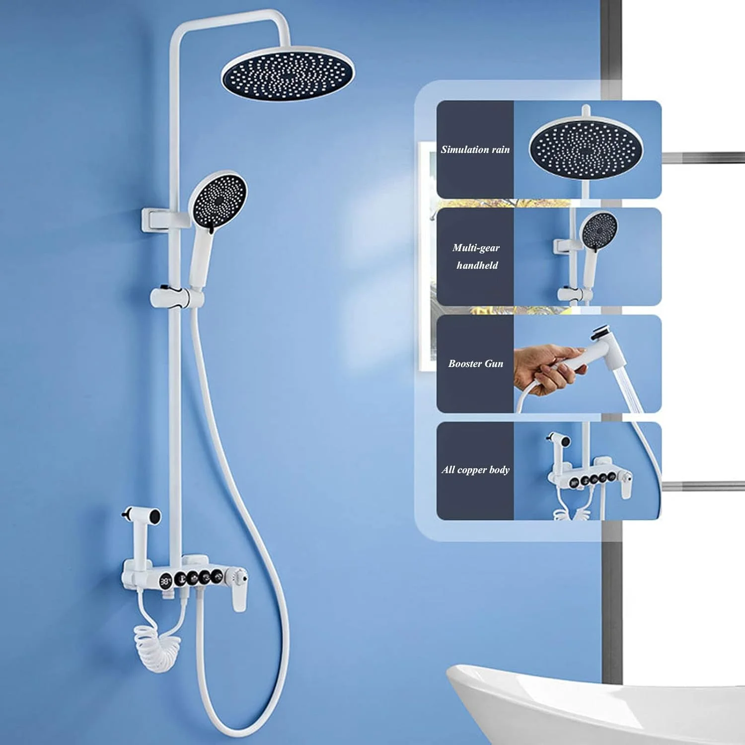 ست سر دوش حمام، سر دوش بارانی فشار قوی 10 اینچی با بازوی قابل تنظیم، عملکرد نمایشگر دیجیتال و سر دوشی دستی با 3 حالت