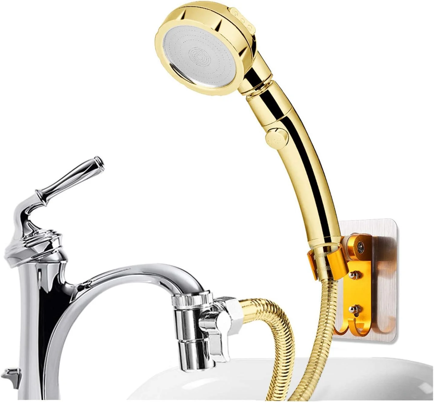 سردوش دستی قابل تنظیم با فشار بالا و صرفه جویی در آب به همراه شلنگ استیل 2 متری، شیر تبدیل جریان آب و پایه نگهدارنده - طلایی