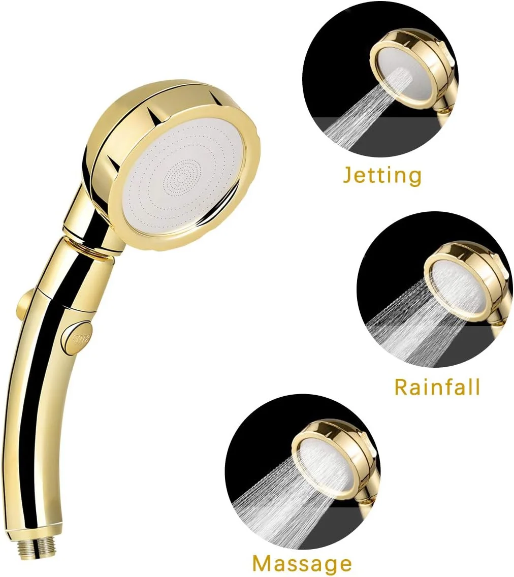 سردوش دستی قابل تنظیم با فشار بالا و صرفه جویی در آب به همراه شلنگ استیل 2 متری، شیر تبدیل جریان آب و پایه نگهدارنده - طلایی