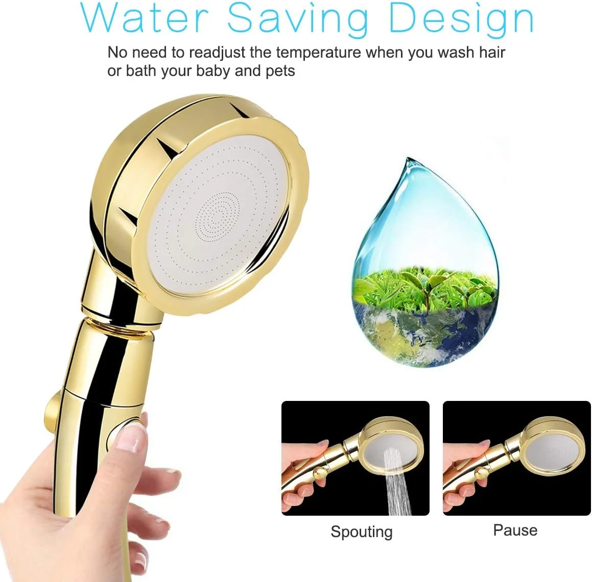 سردوش دستی قابل تنظیم با فشار بالا و صرفه جویی در آب به همراه شلنگ استیل 2 متری، شیر تبدیل جریان آب و پایه نگهدارنده - طلایی