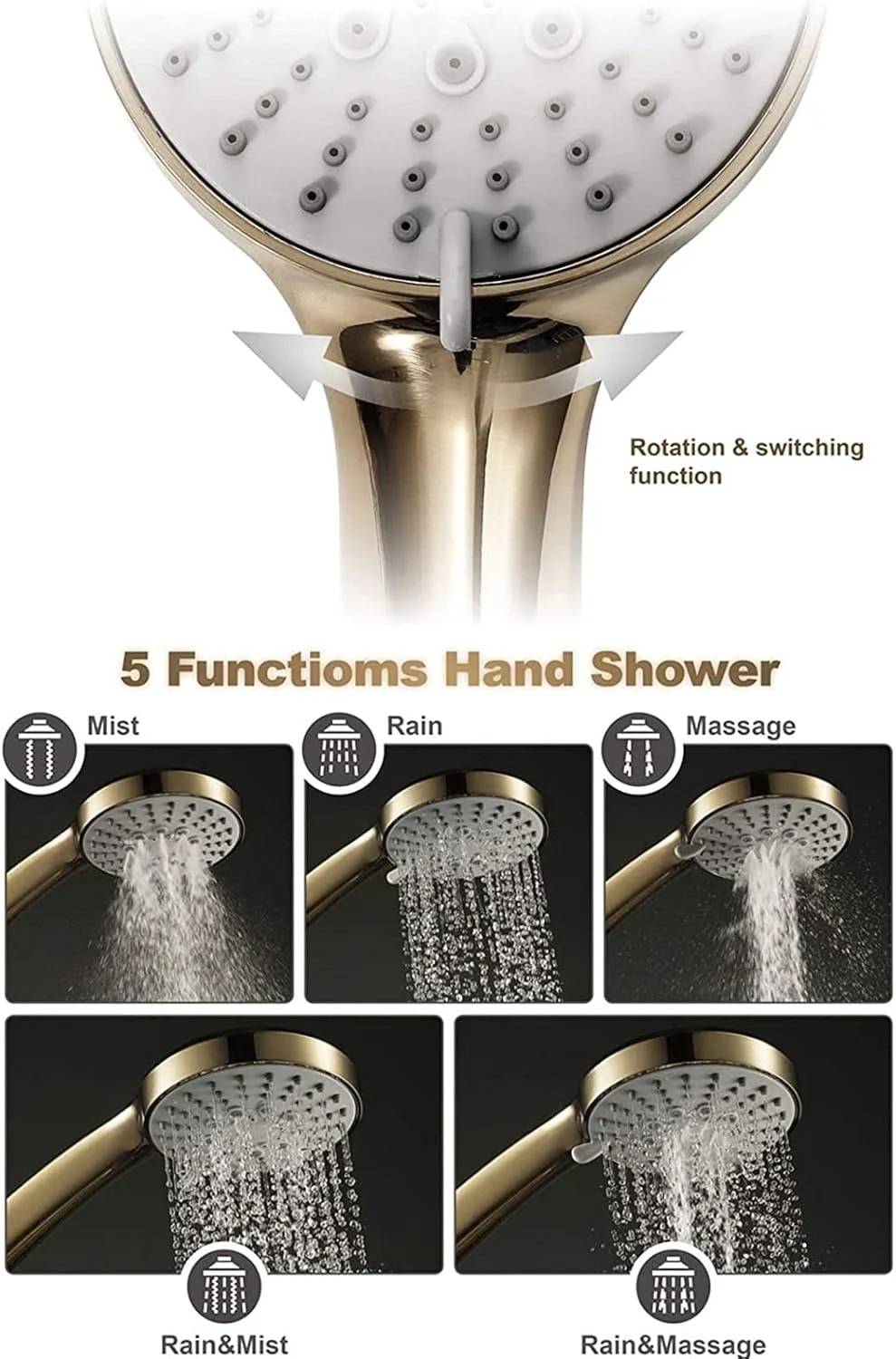 سردوش حمام فشار قوی طلایی برس خورده گرد با 3 حالت اسپری قابل تنظیم و جداشدنی