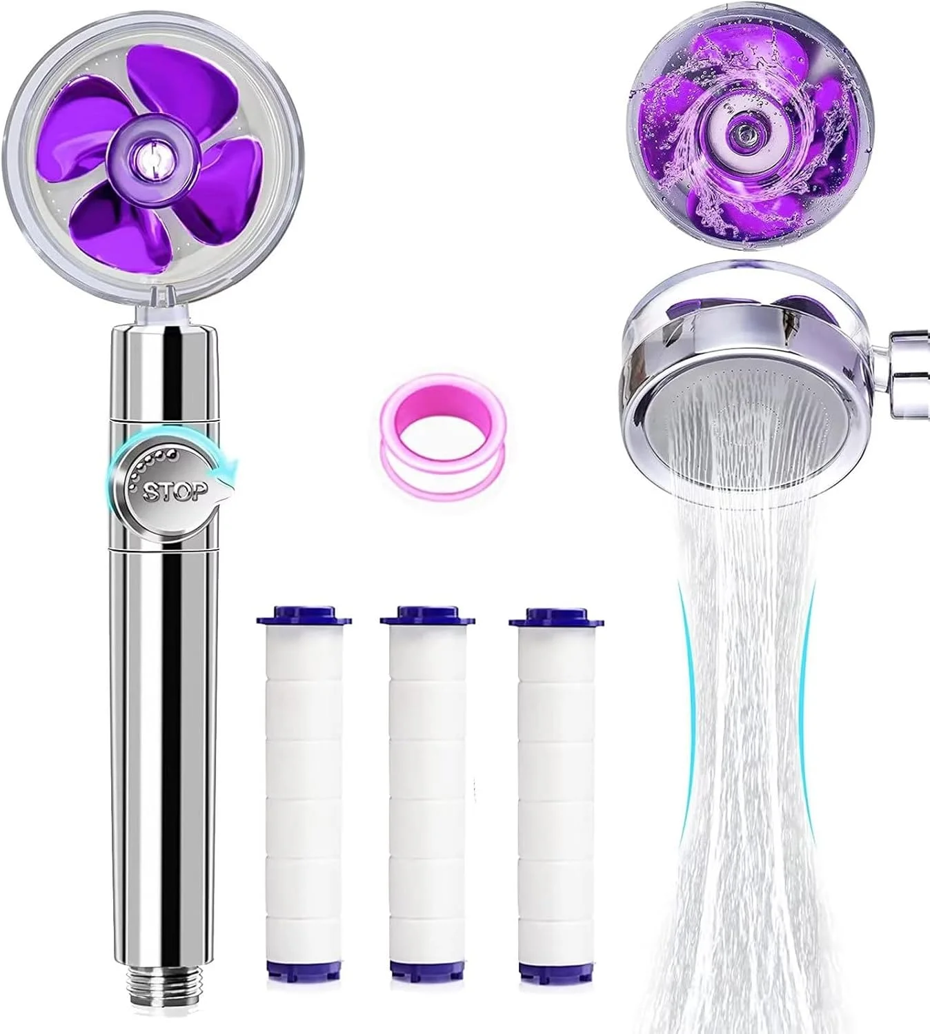 سردوش حمام فشار قوی با 3 فیلتر، سردوش دستی توربو فن، سردوش توربوشارژ، لوازم جانبی حمام فیلتر آب برای حمام نوزاد و سگ بنفش