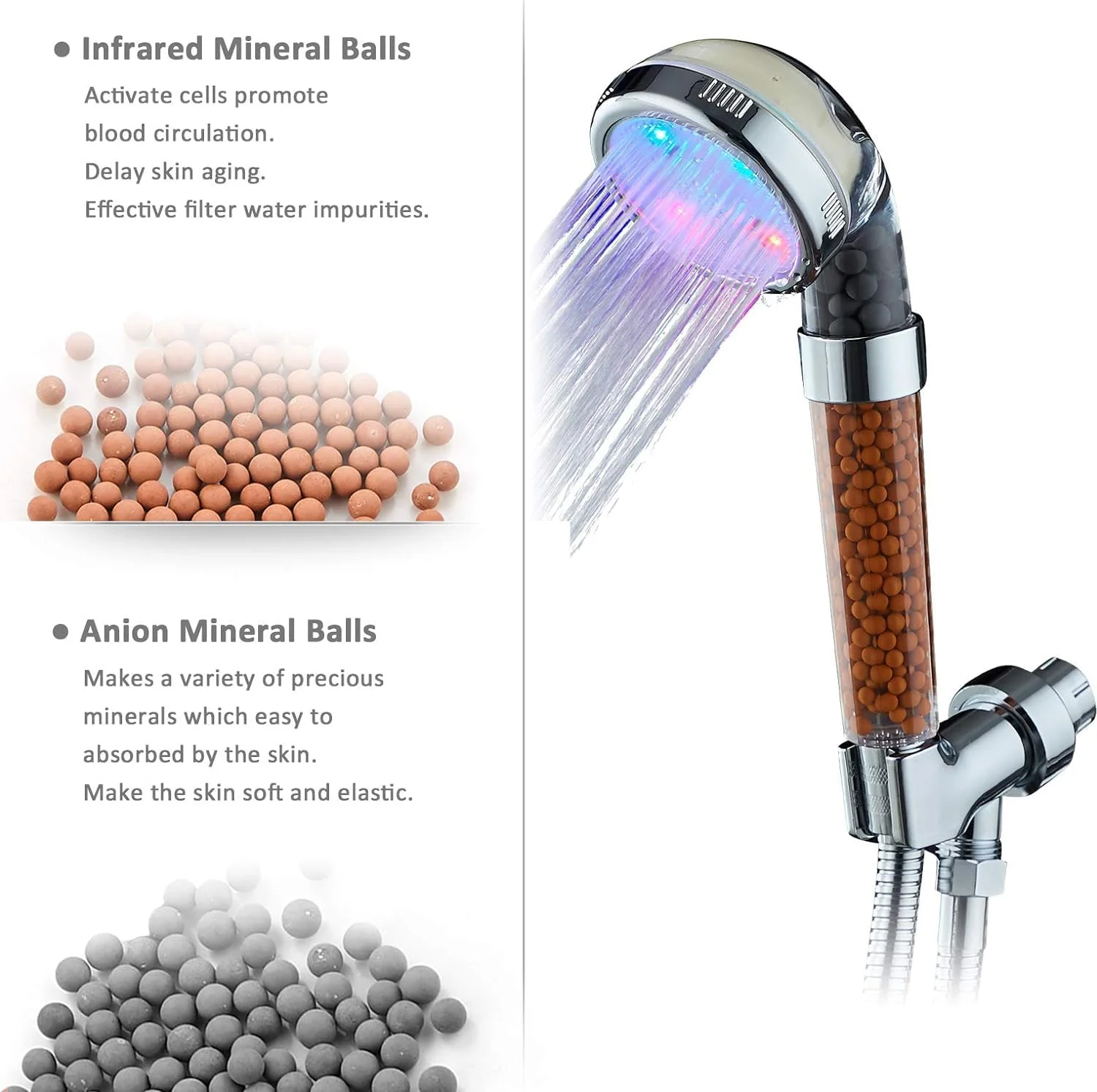 سردوش ال ای دی، سردوش یونی ذن، دستی فیلتردار صرفه جویی در آب با فشار بالا، سردوش توپ انرژی آنیونی آب را تصفیه می کند، با شلنگ و پایه 60 اینچی، بهترین تجربه