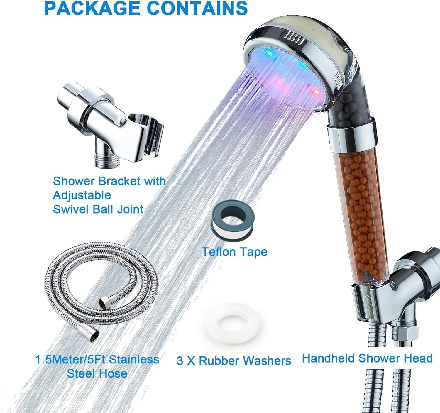 سردوش ال ای دی، سردوش یونی ذن، دستی فیلتردار صرفه جویی در آب با فشار بالا، سردوش توپ انرژی آنیونی آب را تصفیه می کند، با شلنگ و پایه 60 اینچی، بهترین تجربه