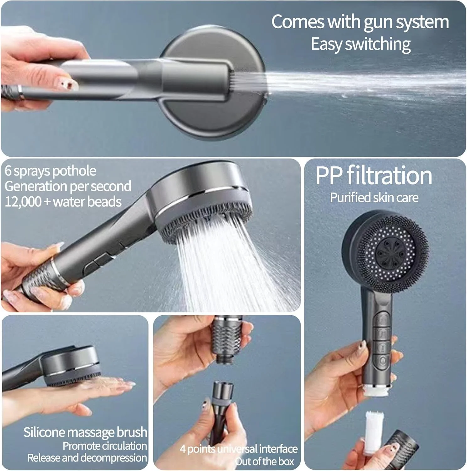 سردوش حمام با ۴ حالت مختلف، فشار آب قوی، صرفه جویی در مصرف آب، دارای فیلتر و لوله PVC به طول ۱.۵ متر به همراه پایه، نصب آسان و دارای فیلتراسیون پنبه PP برای مراقبت از پوست و مو