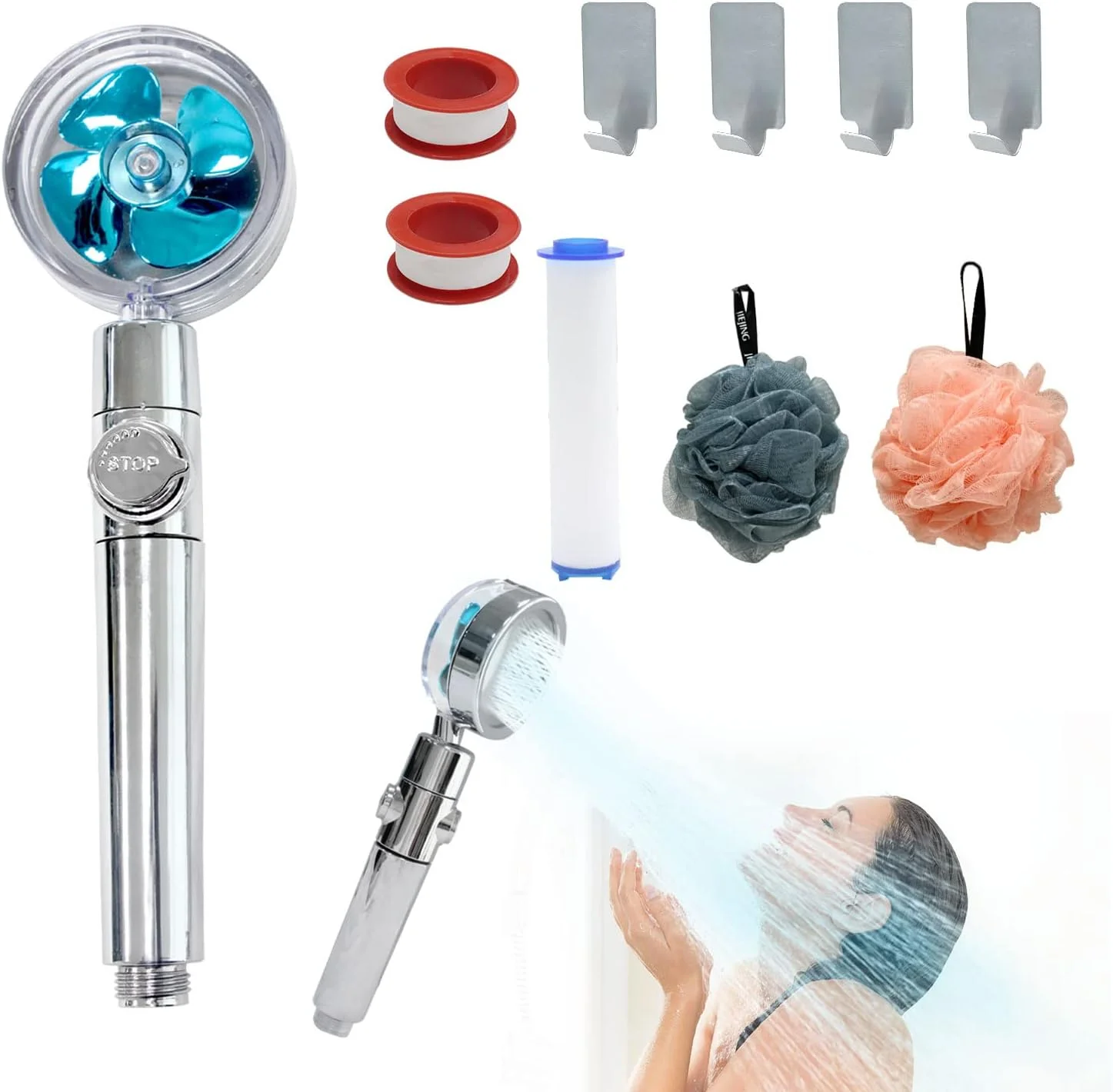 سردوش حمام فشار قوی، سردوش دستی صرفه جویی در آب با فن توربو و فیلتر و دکمه توقف، نصب آسان سردوش توربو شارژ با چرخش 360 درجه، 10 عدد