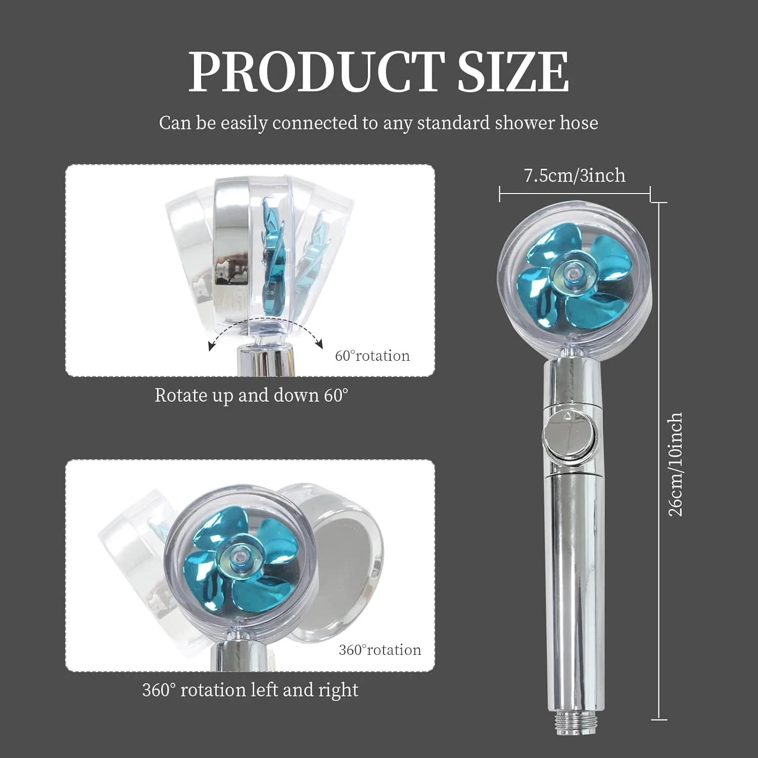 سردوش حمام فشار قوی، سردوش دستی صرفه جویی در آب با فن توربو و فیلتر و دکمه توقف، نصب آسان سردوش توربو شارژ با چرخش 360 درجه، 10 عدد