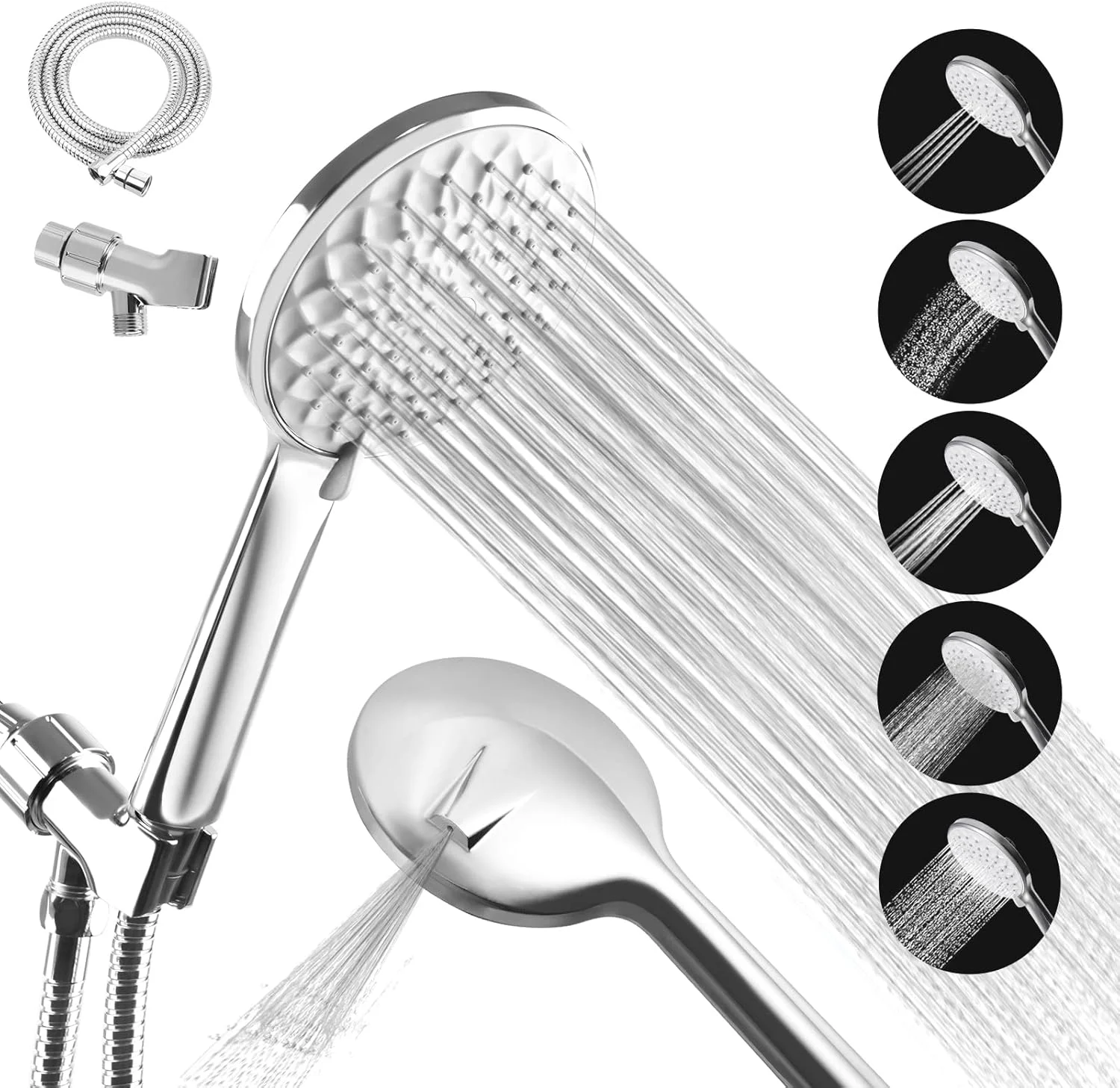 سردوش حمام فشار قوی با قابلیت جدا شدن، دارای 6 حالت پاشش، سردوش بارانی 5 اینچی با شلنگ استیل و پایه قابل تنظیم