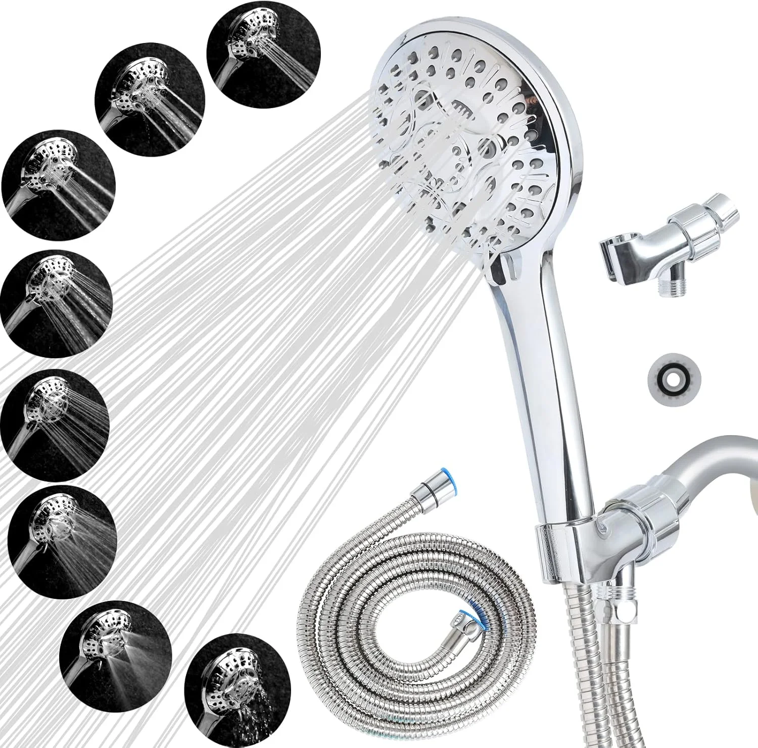 سری دوش دستی فشار قوی با 8 حالت، سری دوش دستی با شلنگ و نگهدارنده، اسپری دوش قدرتمند با نازل های خود تمیز شونده، حالت توقف، روکش کروم