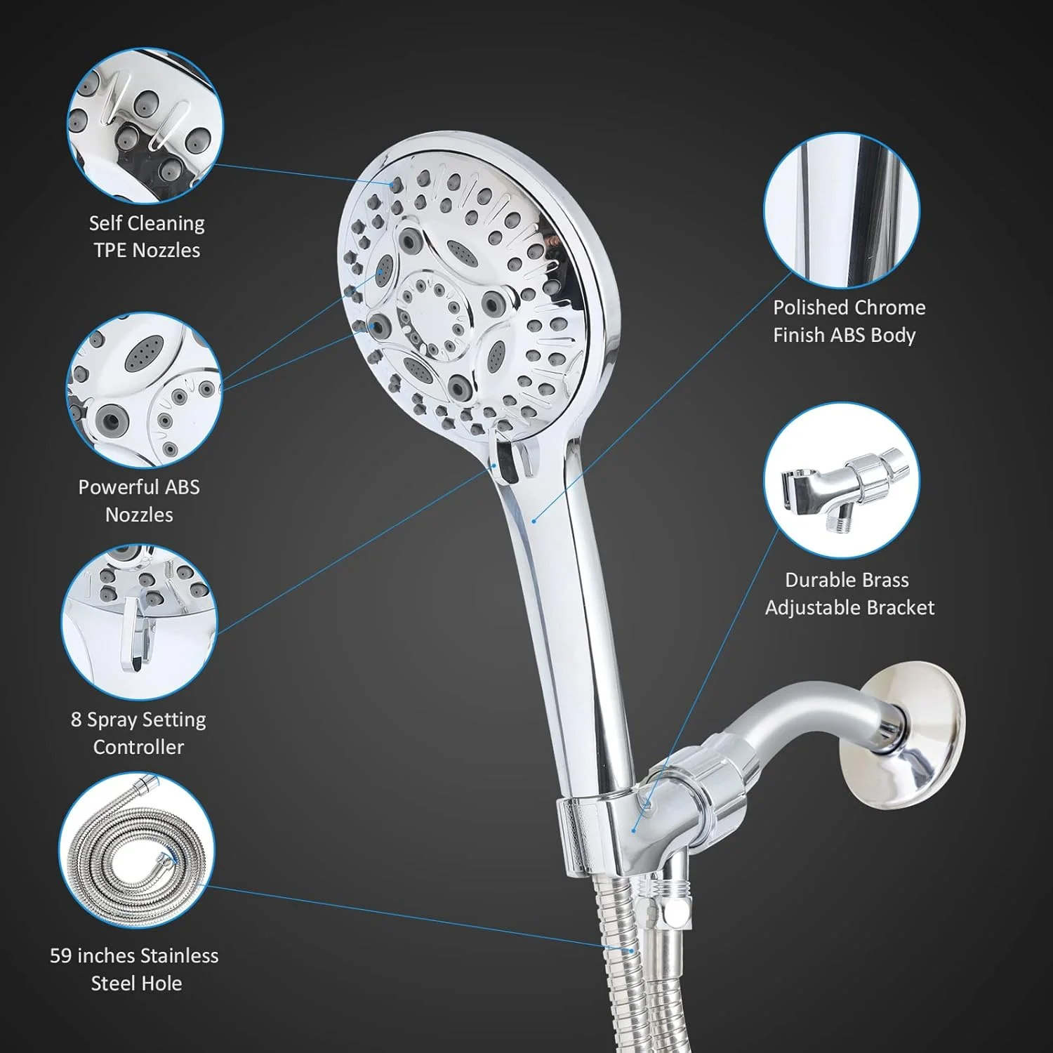 سری دوش دستی فشار قوی با 8 حالت، سری دوش دستی با شلنگ و نگهدارنده، اسپری دوش قدرتمند با نازل های خود تمیز شونده، حالت توقف، روکش کروم