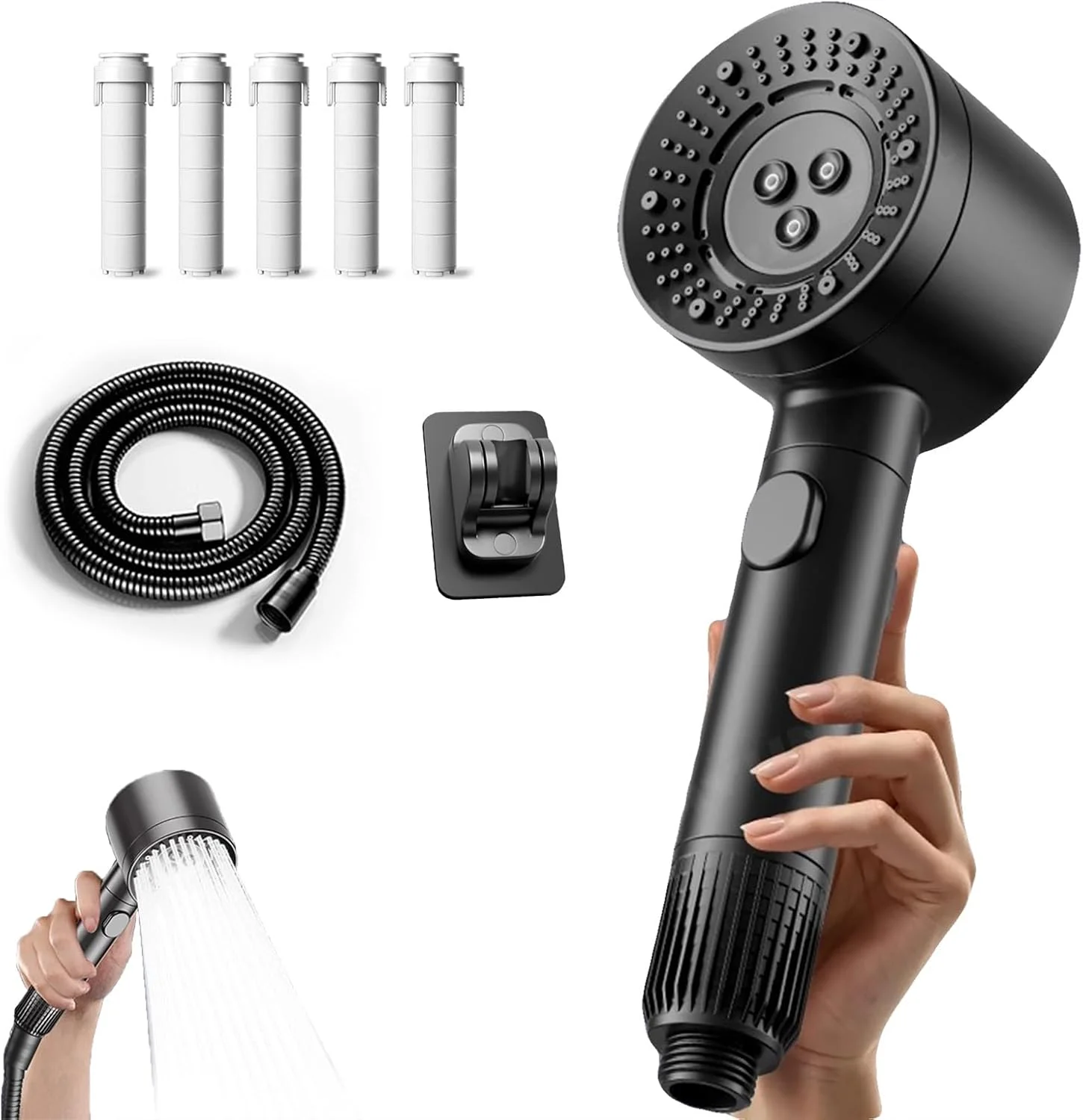 سردوش دستی 7 حالته فشار قوی، روکش کروم، جریان قوی و تقویت کننده بزرگ برای حمام و کمپینگ، شلنگ استیل 1.5 متری با رابط 1/2 اینچ