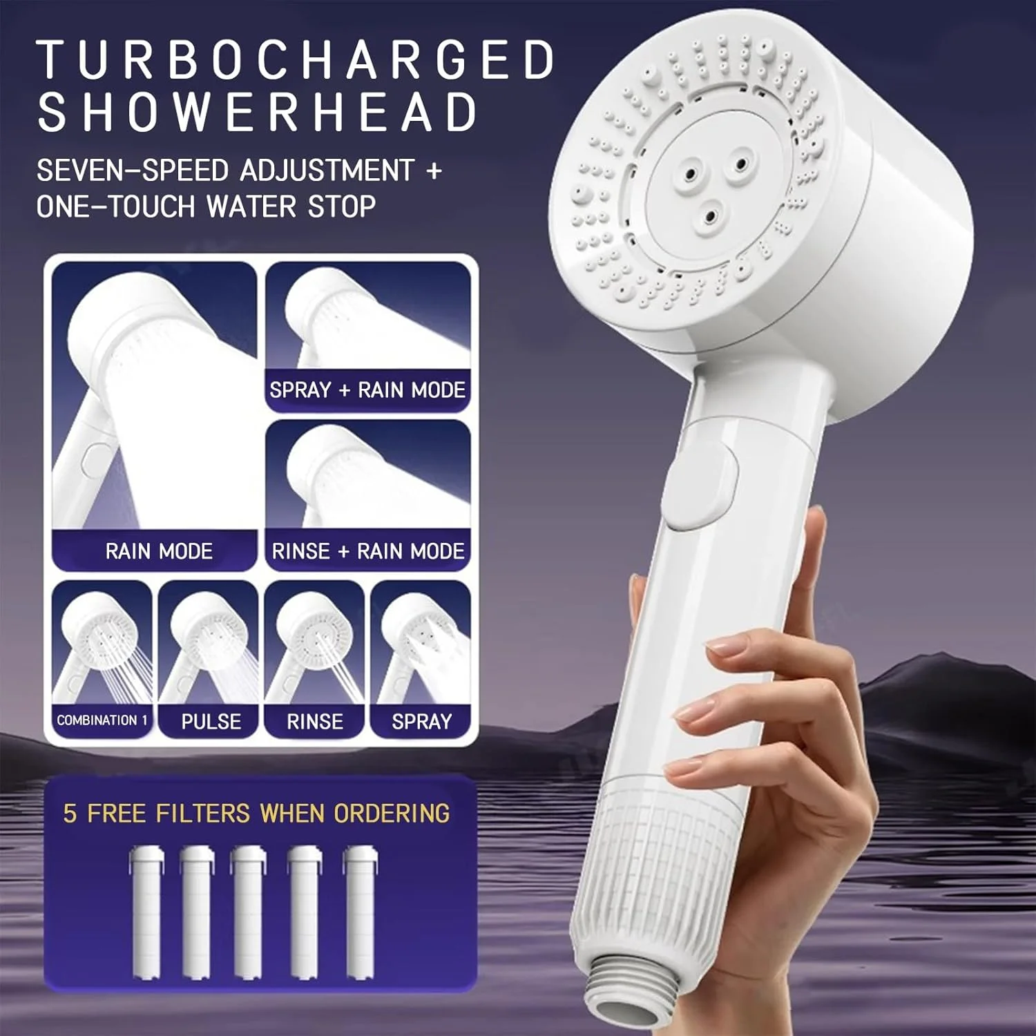 سردوش دستی 7 حالته فشار قوی، روکش کروم، جریان قوی و تقویت کننده بزرگ برای حمام و کمپینگ، شلنگ استیل 1.5 متری با رابط 1/2 اینچ