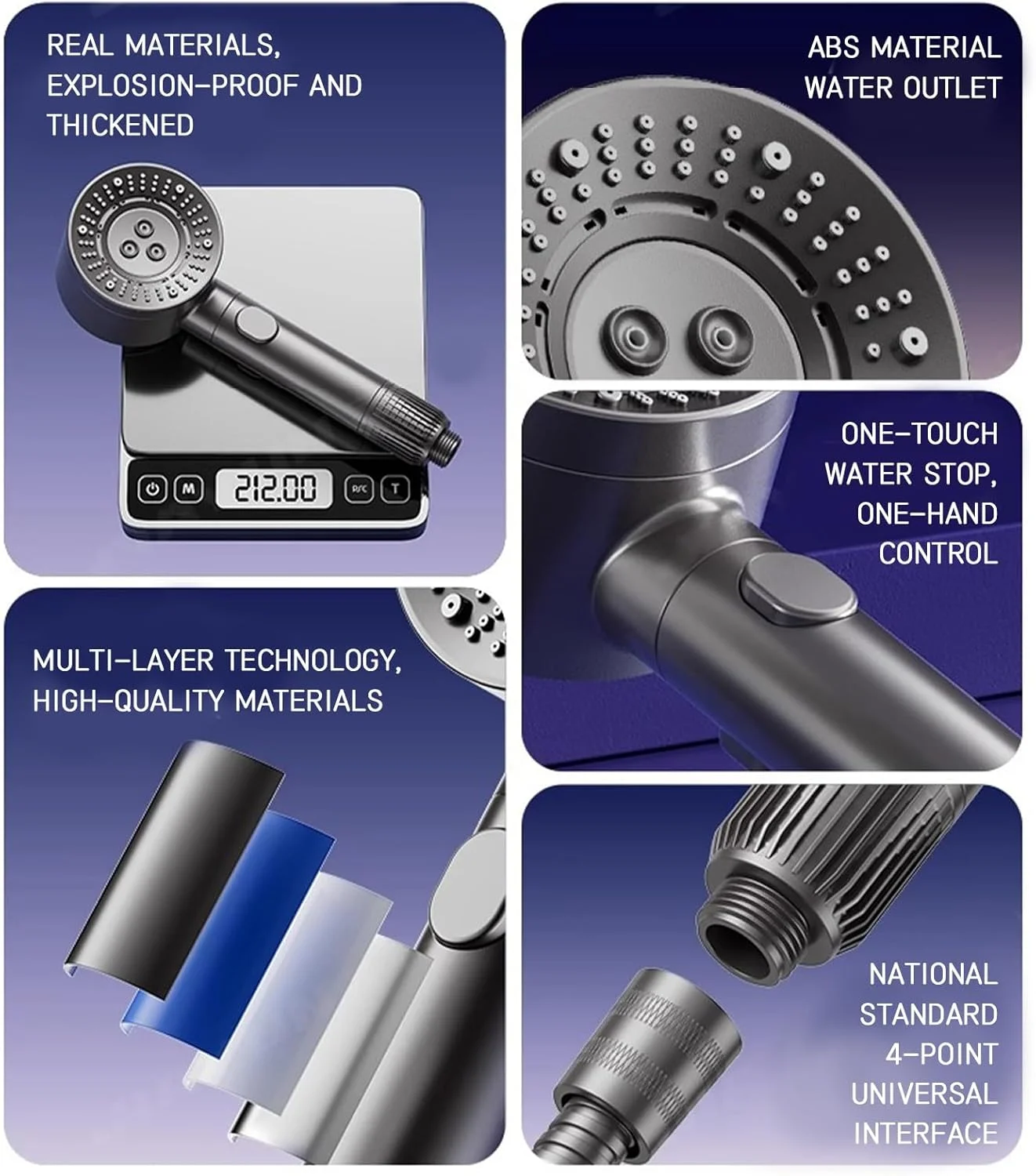 سردوش دستی 7 حالته فشار قوی، روکش کروم، جریان قوی و تقویت کننده بزرگ برای حمام و کمپینگ، شلنگ استیل 1.5 متری با رابط 1/2 اینچ