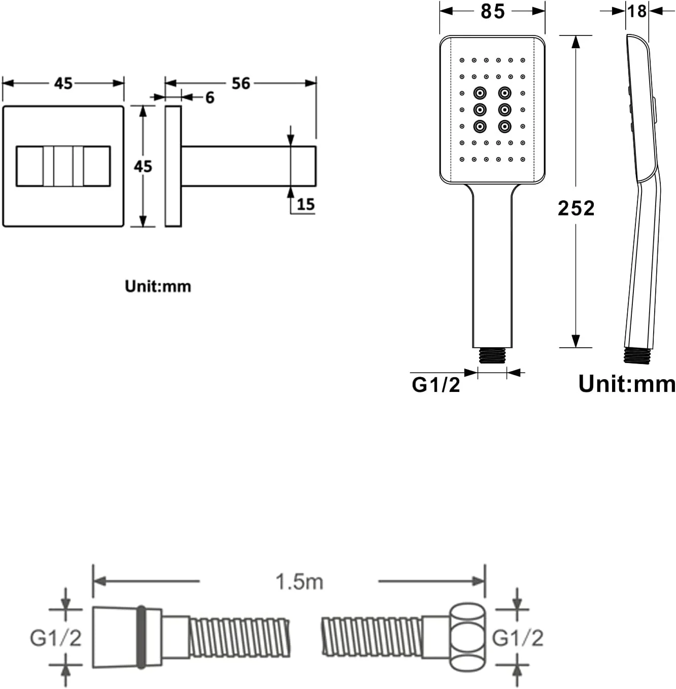 سردوش دستی فشار قوی X با سه حالت، کیت سردوش دستی مشکی، سردوش دستی مدرن با شلنگ بلند و پایه برنجی
