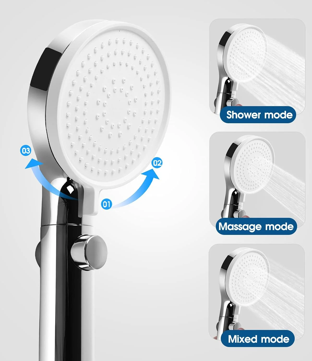 سردوش حمام، سردوش دستی با فشار بالا با 3 حالت اسپری و دسته کرومی، پنل سردوش سیلیکونی 3.5 اینچی، سوراخ ستون آب 0.3 میلی متری، توقف آب با یک دکمه، ایمن و راحت، فقط سردوش