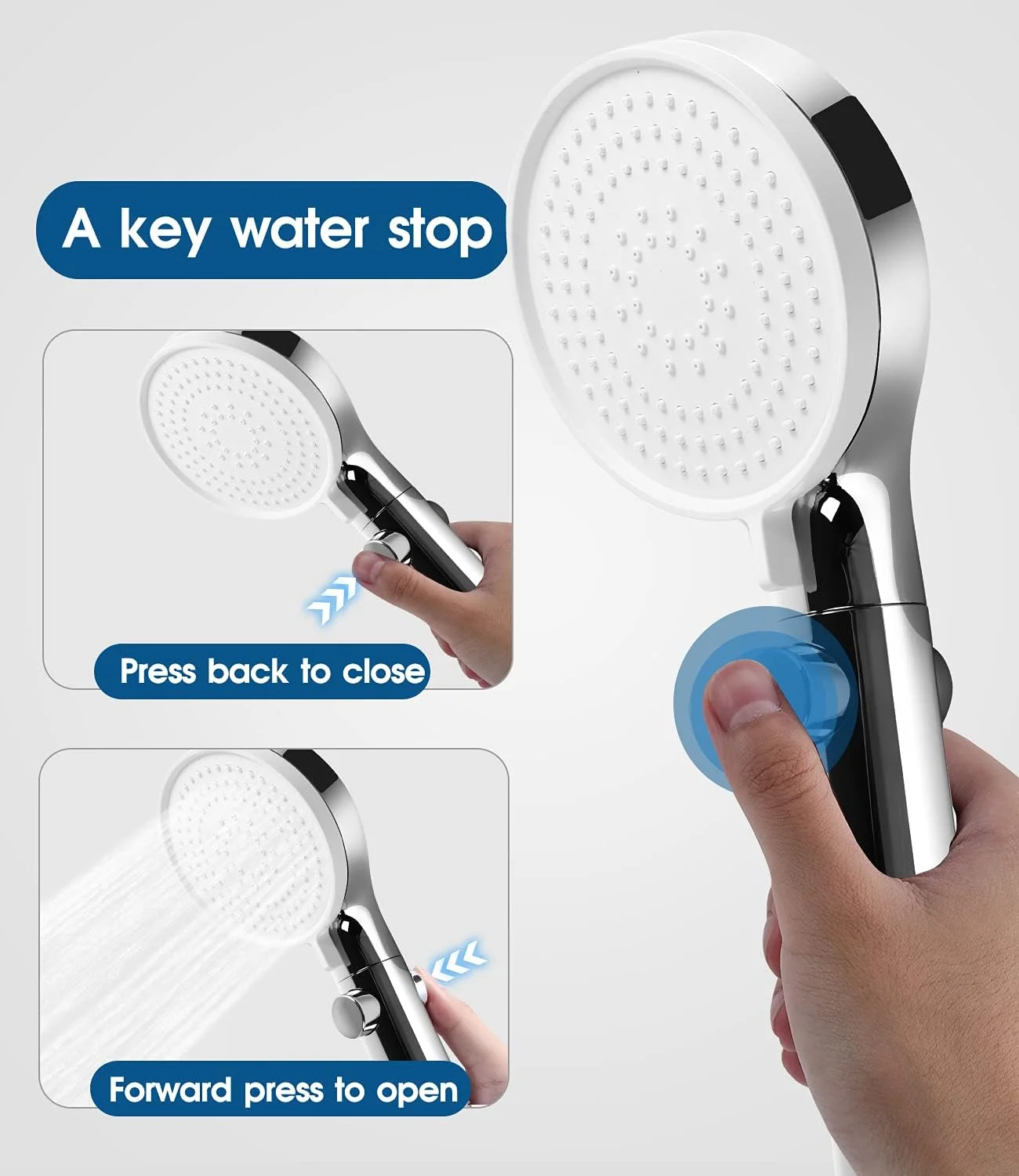 سردوش حمام، سردوش دستی با فشار بالا با 3 حالت اسپری و دسته کرومی، پنل سردوش سیلیکونی 3.5 اینچی، سوراخ ستون آب 0.3 میلی متری، توقف آب با یک دکمه، ایمن و راحت، فقط سردوش