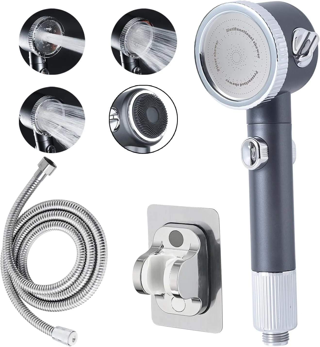 سری دوش حمام فشار قوی، سری دوش با شلنگ دستی، 3 حالت اسپری، سری دوش دستی با ماساژور پوست، دکمه روشن/خاموش، صرفه جویی در آب، با شلنگ استیل و پایه خود چسب قابل تنظیم