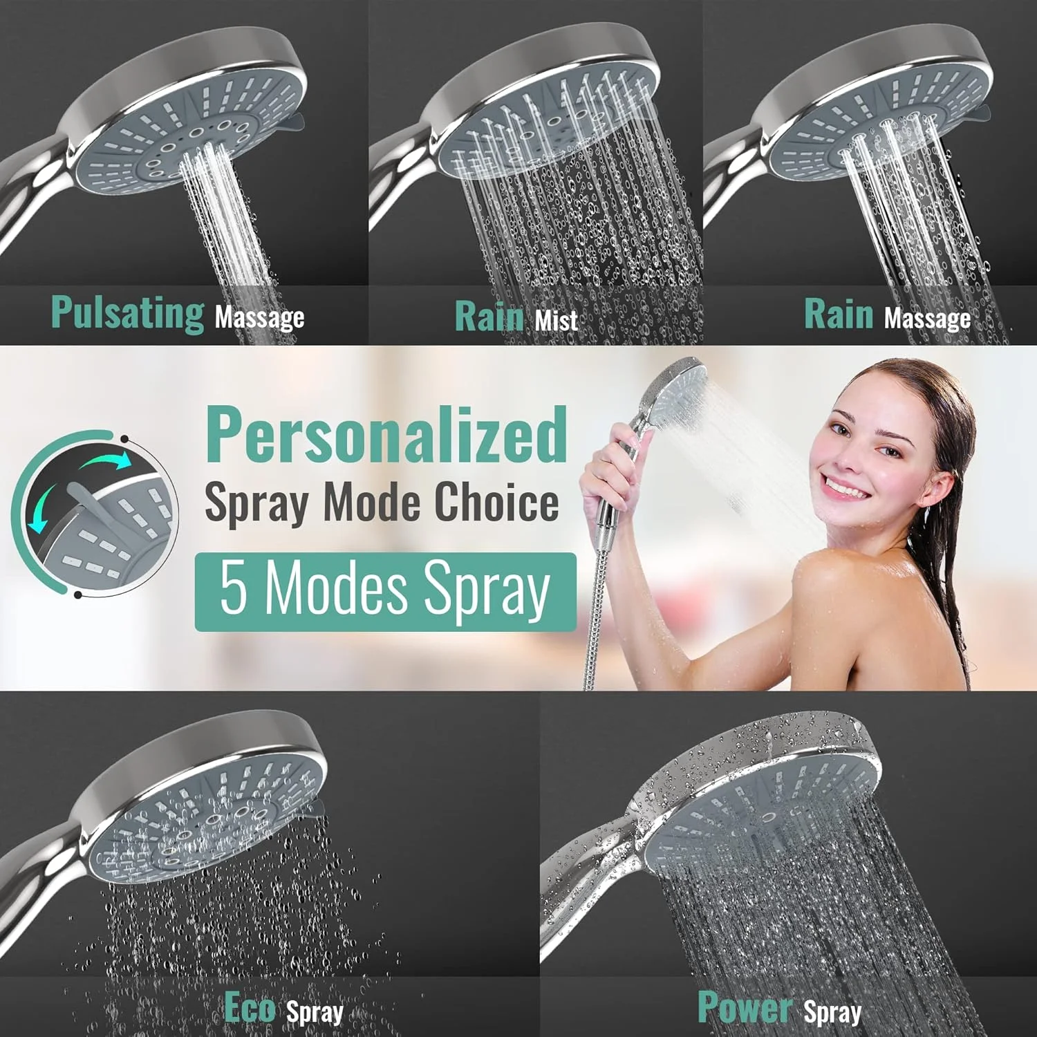 سردوش دستی پرفشار 5 اینچی بزرگ، شلنگ استیل بسیار بلند 72 اینچی، قابل حمل، جداشدنی، با پایه قابل تنظیم و حالت های مختلف پاشش (5 حالت پاشش، کروم ممتاز)