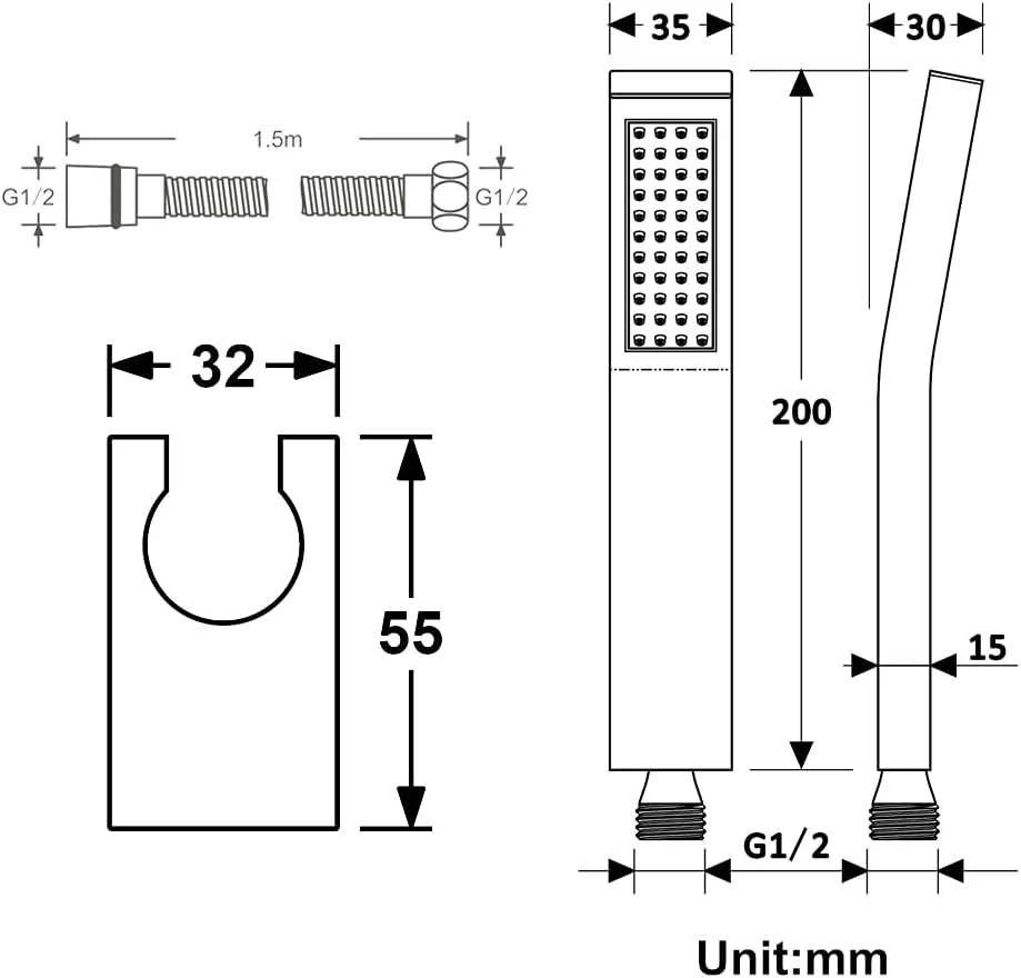 دوش دستی پرفشار، ست سر دوش دستی مربعی برنجی با شلنگ دوش استیل ضد زنگ 1.5 متری
