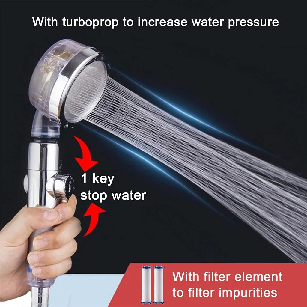 دوش دستی پرفشار با پروانه، چرخش 360 درجه، دارای فیلتر و دکمه توقف، مدل توربوشارژ (دسته شفاف با 2 فیلتر)