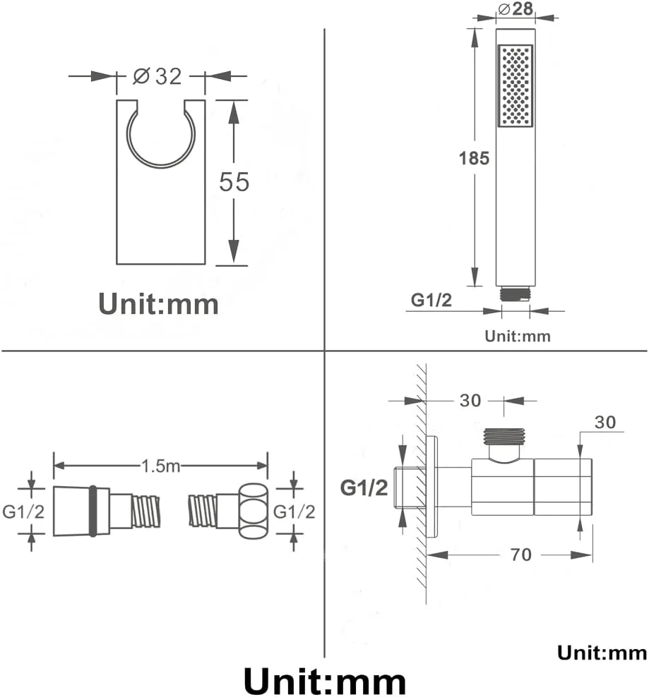 دوش دستی فشار قوی X، مجموعه دوش دستی دیواری برنجی با شلنگ دوش استیل ضد زنگ 1.5 متری و نگهدارنده دوش