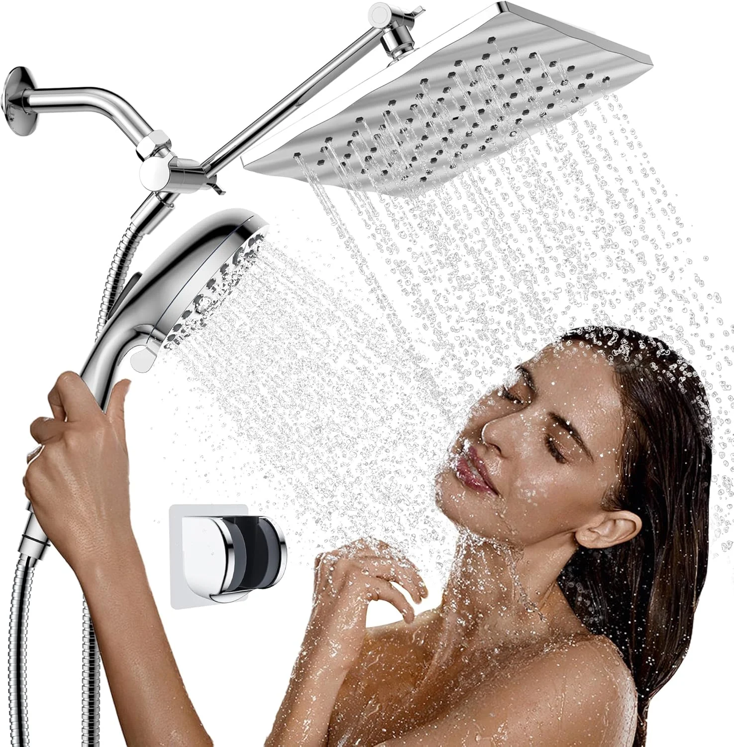 سردوش بارانی 9 اینچی فشار قوی با ترکیب دستی، سردوش دستی 10 حالته با قابلیت شستشوی قدرتمند داخلی، بازوی افزایش ارتفاع/زاویه 11 اینچی قابل تنظیم با نگهدارنده و شلنگ 60 اینچی - کروم براق