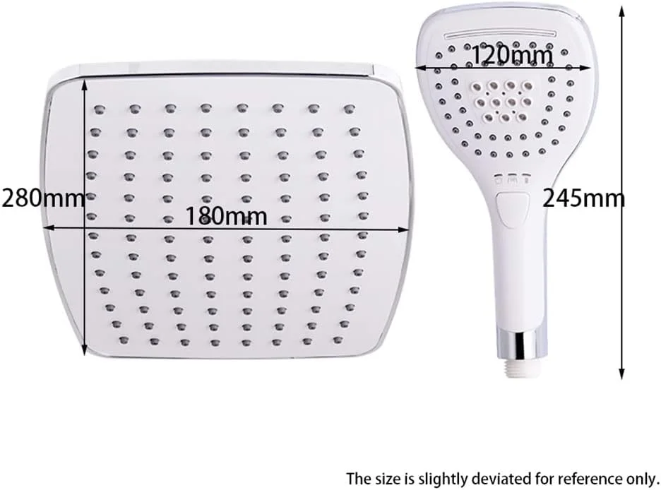 ست دوش حمام مربعی سفید با فشار بالا، شامل سردوش سقفی بزرگ و سردوش دستی با 3 حالت