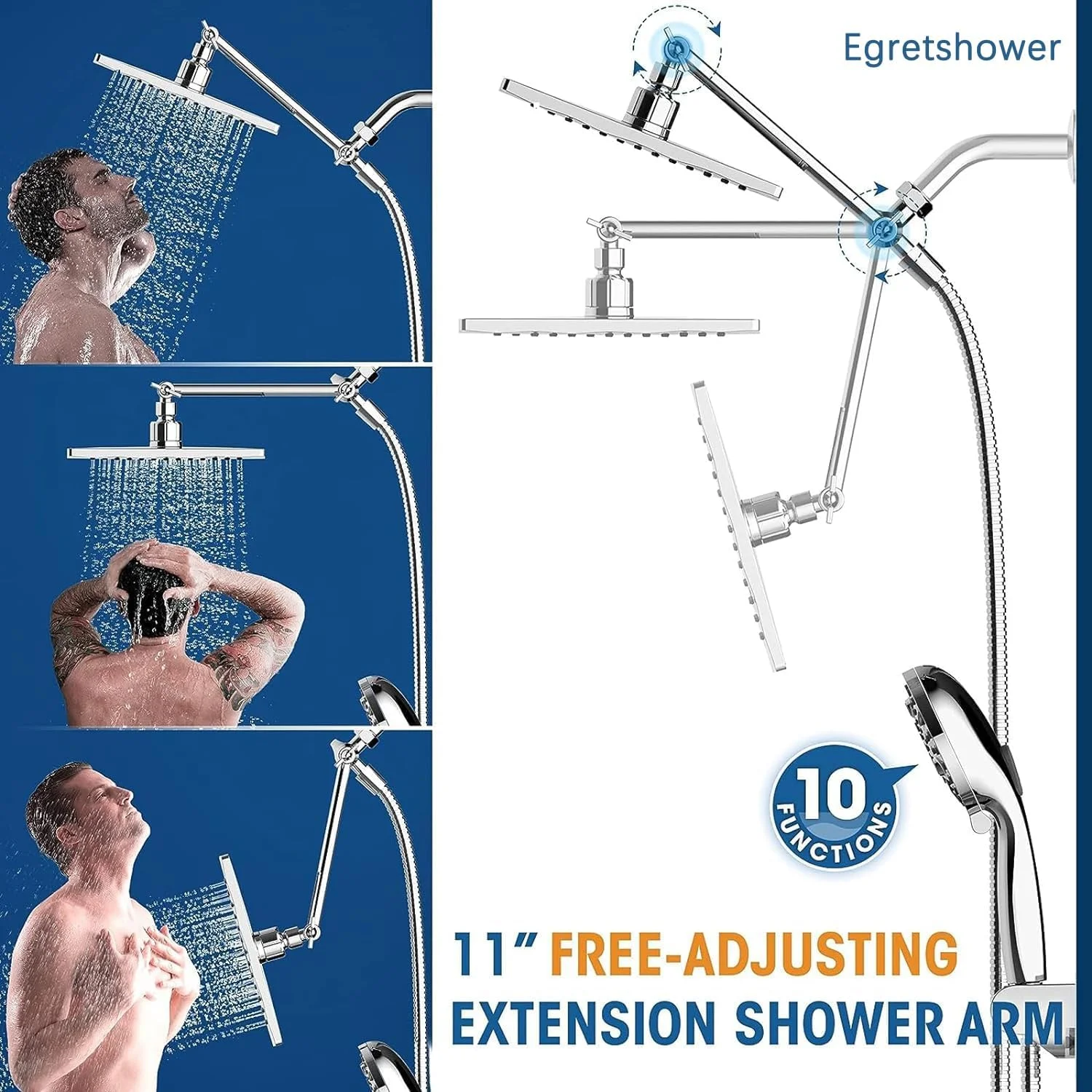 سردوش بارانی 9 اینچی فشار قوی با ترکیب دستی، سردوش دستی 10 حالته با قابلیت شستشوی قدرتمند داخلی، بازوی افزایش ارتفاع/زاویه 11 اینچی قابل تنظیم با نگهدارنده و شلنگ 60 اینچی - کروم براق