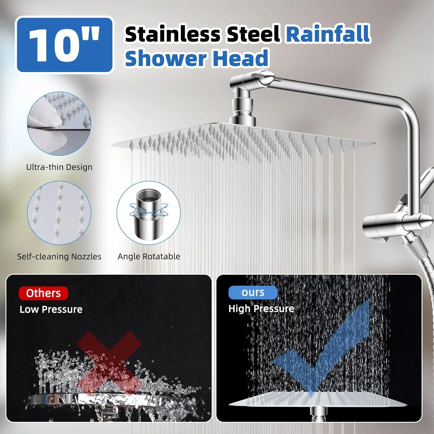 سردوش بارانی تمام فلزی 10 اینچی فشار قوی به همراه سردوشی دستی با بازوی اکستنشن 11 اینچی قابل تنظیم 90 درجه، سردوش 7 حالته با شلنگ 71 اینچی و نگهدارنده چسبی سردوش، کروم