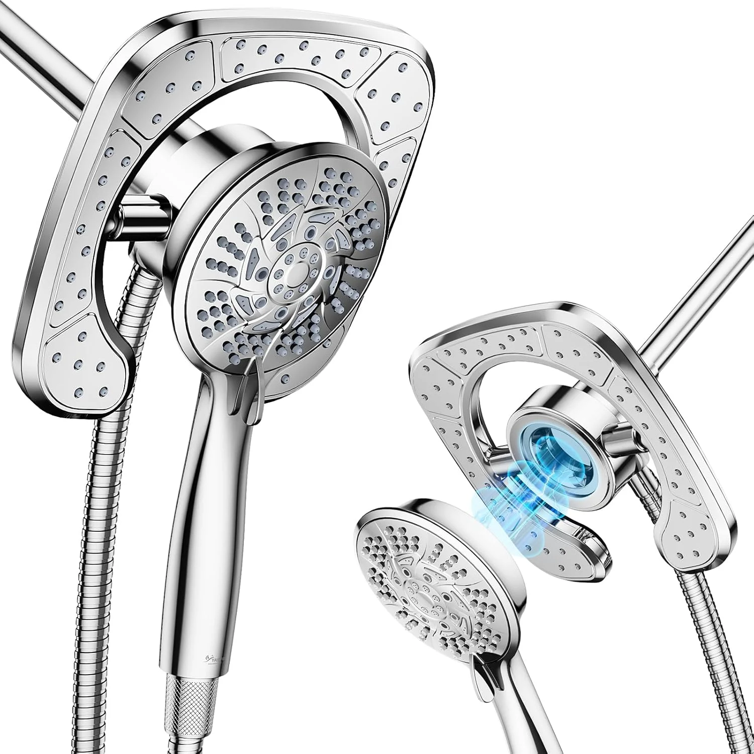 سردوش حمام فشار قوی، 7.2 اینچ 2 در 1 سردوش بارانی و دوش دستی با سیستم اتصال مغناطیسی، سردوش دستی ده حالته با شلنگ استیل ضد زنگ 59 اینچی (کروم)