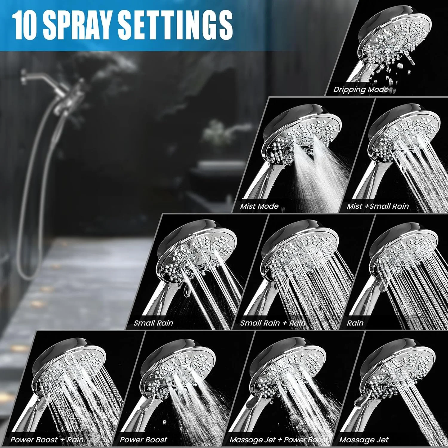 سردوش حمام فشار قوی، 7.2 اینچ 2 در 1 سردوش بارانی و دوش دستی با سیستم اتصال مغناطیسی، سردوش دستی ده حالته با شلنگ استیل ضد زنگ 59 اینچی (کروم)