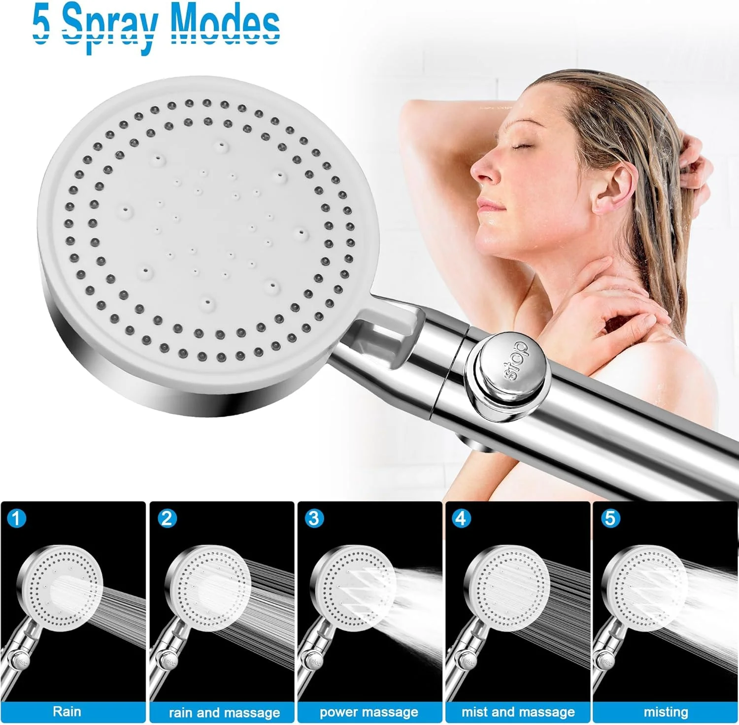 سردوش و شلنگ فشار قوی، ست سردوش های صرفه جویی در آب 5 حالته، سردوش دستی با جریان قوی و دکمه توقف آب (نقره ای)