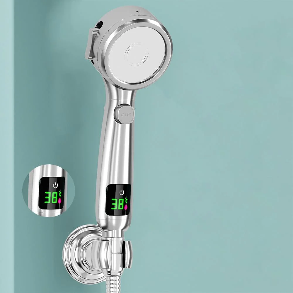 دوش دستی حمام با فشار قوی، سر دوش صرفه جویی در آب، اسپری قابل تنظیم تحت فشار، نمایشگر دیجیتال LED دما، نقره ای
