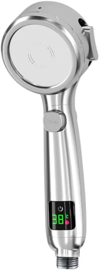 سردوش حمام دستی فشار قوی، صرفه جویی در آب، دارای اسپری قابل تنظیم و نمایشگر دیجیتال دما LED، نقره ای