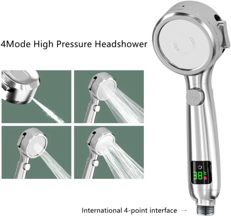 سردوش حمام دستی فشار قوی، صرفه جویی در آب، دارای اسپری قابل تنظیم و نمایشگر دیجیتال دما LED، نقره ای