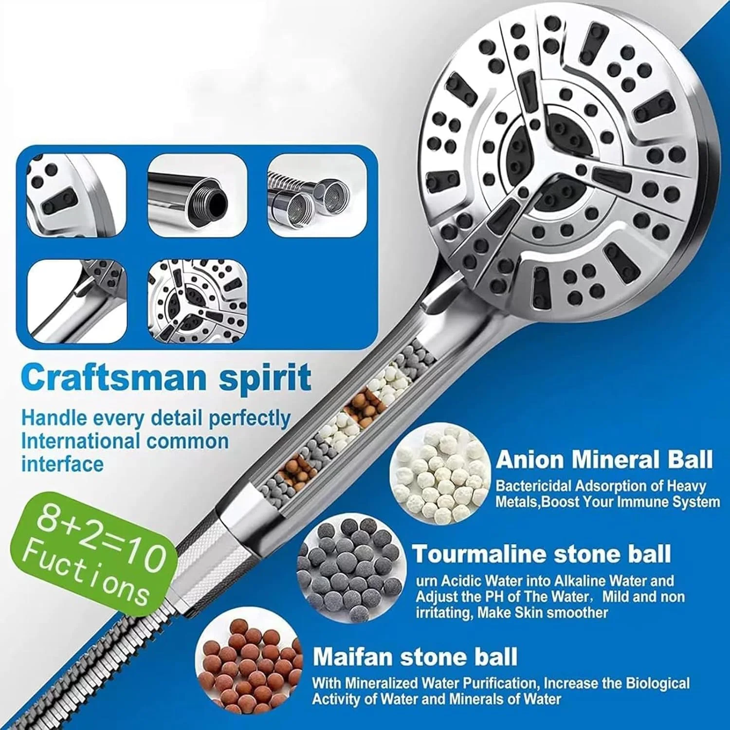 سردوش حمام فشار قوی با قابلیت صرفه جویی در آب به همراه شلنگ و رابط های یونیورسال ساخته شده از ABS و استیل ضد زنگ