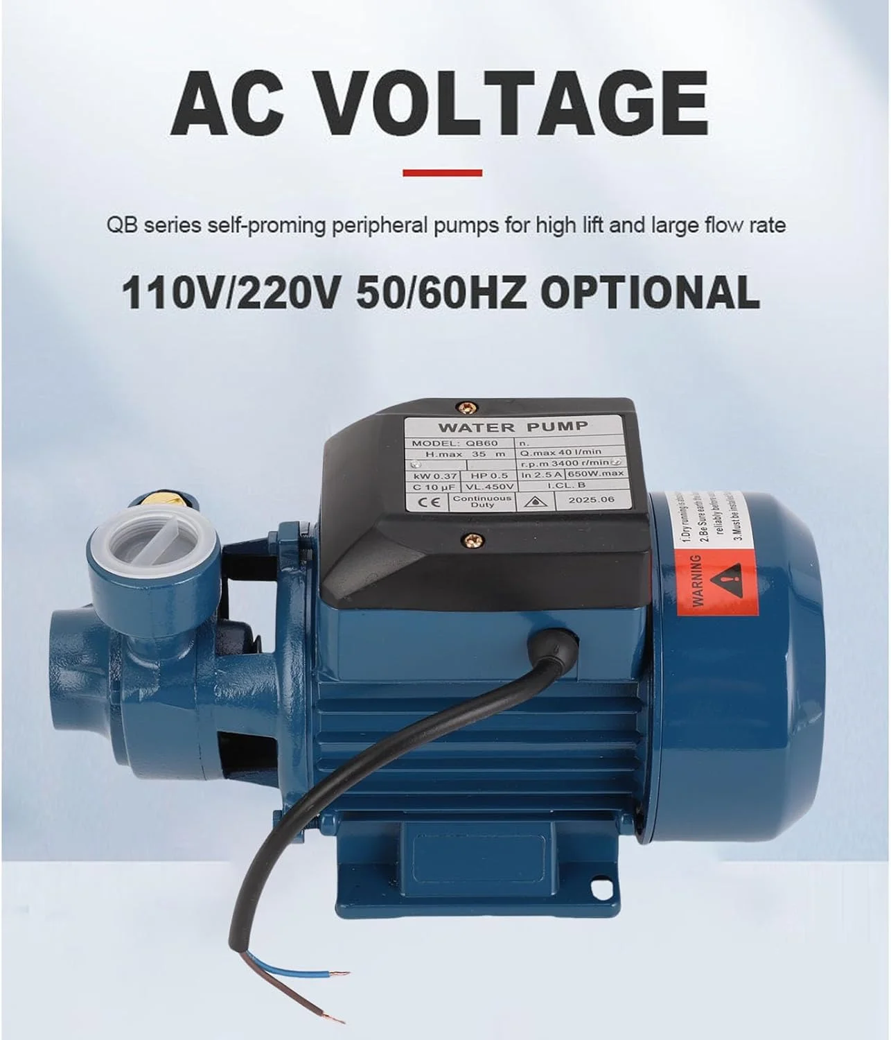 پمپ های دیافراگمی فشار آب صنعتی، 650 وات 3400 دور در دقیقه، ارتفاع 35 متر، خروجی 1 اینچ، تقویت فشار 40 لیتر در دقیقه، پمپ گریز از مرکز برای آبیاری، تخلیه استخر خانگی، آبپاش (AC220V)