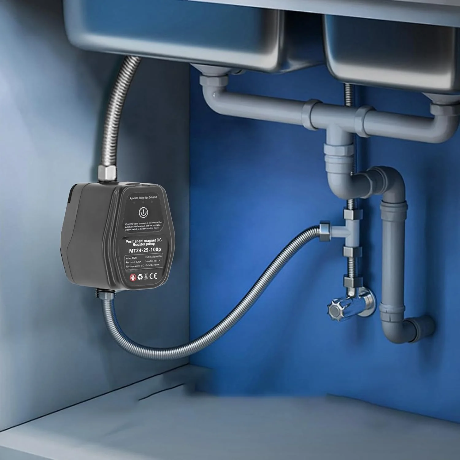 پمپ دوش، پمپ خورشیدی 24 ولت DC کم صدا با یادگیری هوشمندانه هوش مصنوعی 100 وات. موتور براشلس آهنربای دائم، حفاظت از کمبود آب، برای خانه، شلنگ، (پریز UK (100-240 ولت AC))