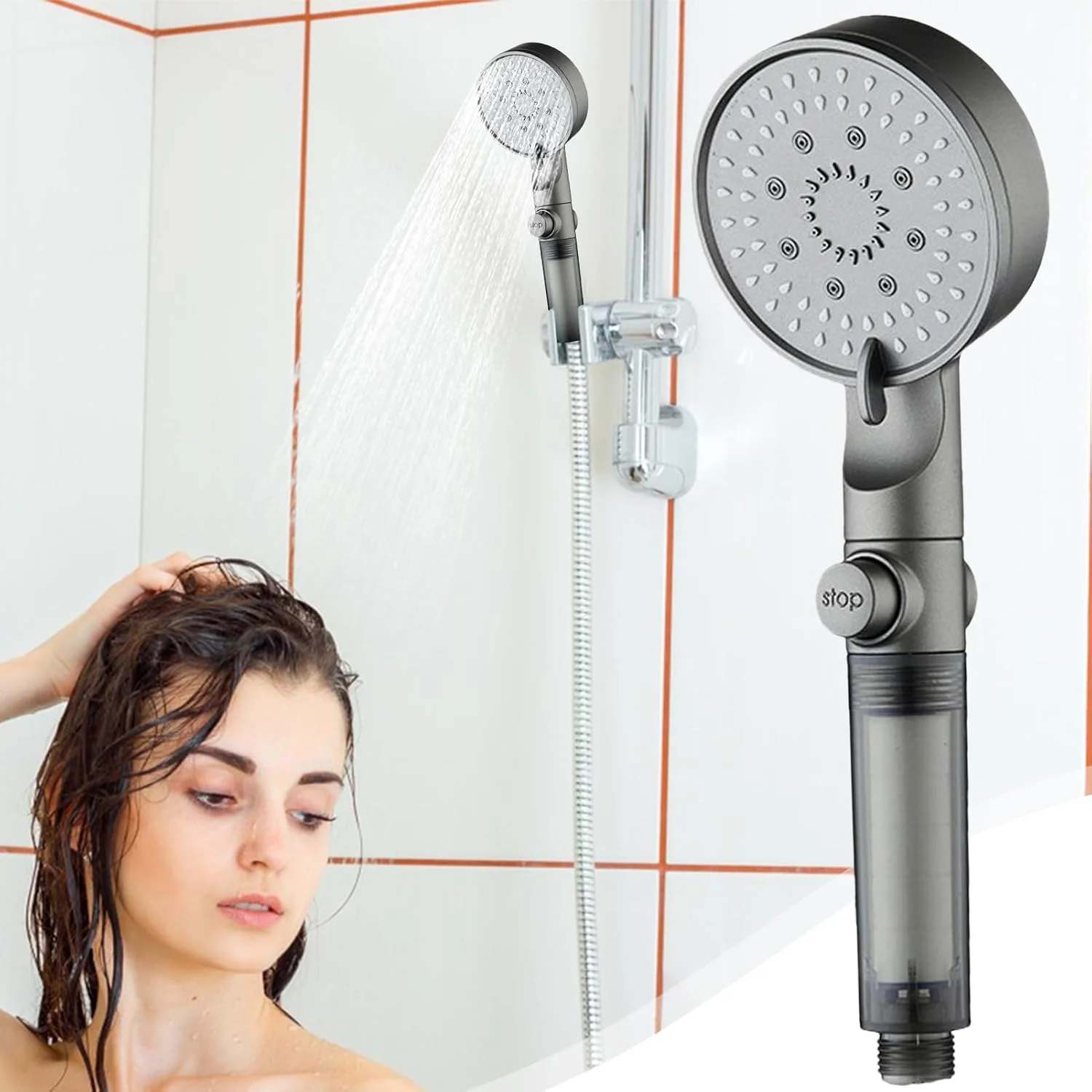 سردوش فشاری - سردوش دستی صرفه جویی در آب - کیت سردوش فیلتراسیون آب سخت با شلنگ و براکت برای منزل، کاروان، هتل، اسپا، استراحتگاه و مسافرت