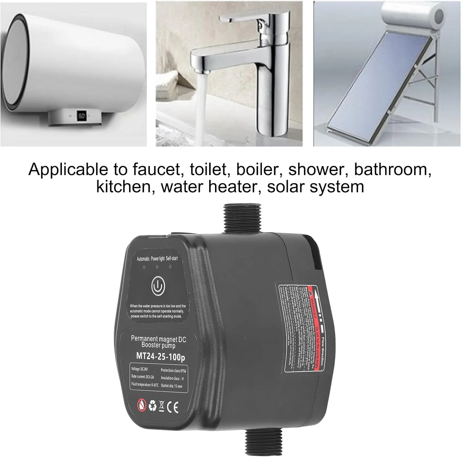 پمپ دوش، پمپ خورشیدی 24 ولت DC کم صدا با یادگیری هوشمندانه هوش مصنوعی 100 وات. موتور براشلس آهنربای دائم، حفاظت از کمبود آب، برای خانه، شلنگ، (پریز UK (100-240 ولت AC))
