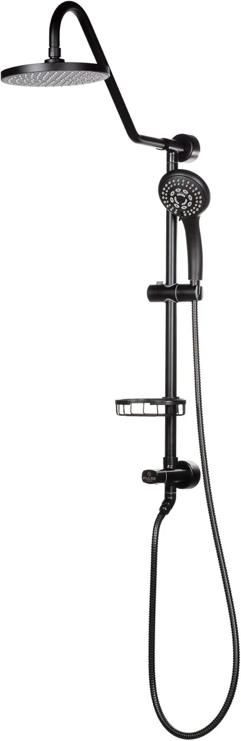 سیستم دوش پالسی Kauai III مدل 1011-MB-1.8GPM، سردوش بارانی 8 اینچی، دوش دستی 5 حالته، میله لغزنده قابل تنظیم و جا صابونی، روکش مشکی مات، 1.8 GPM