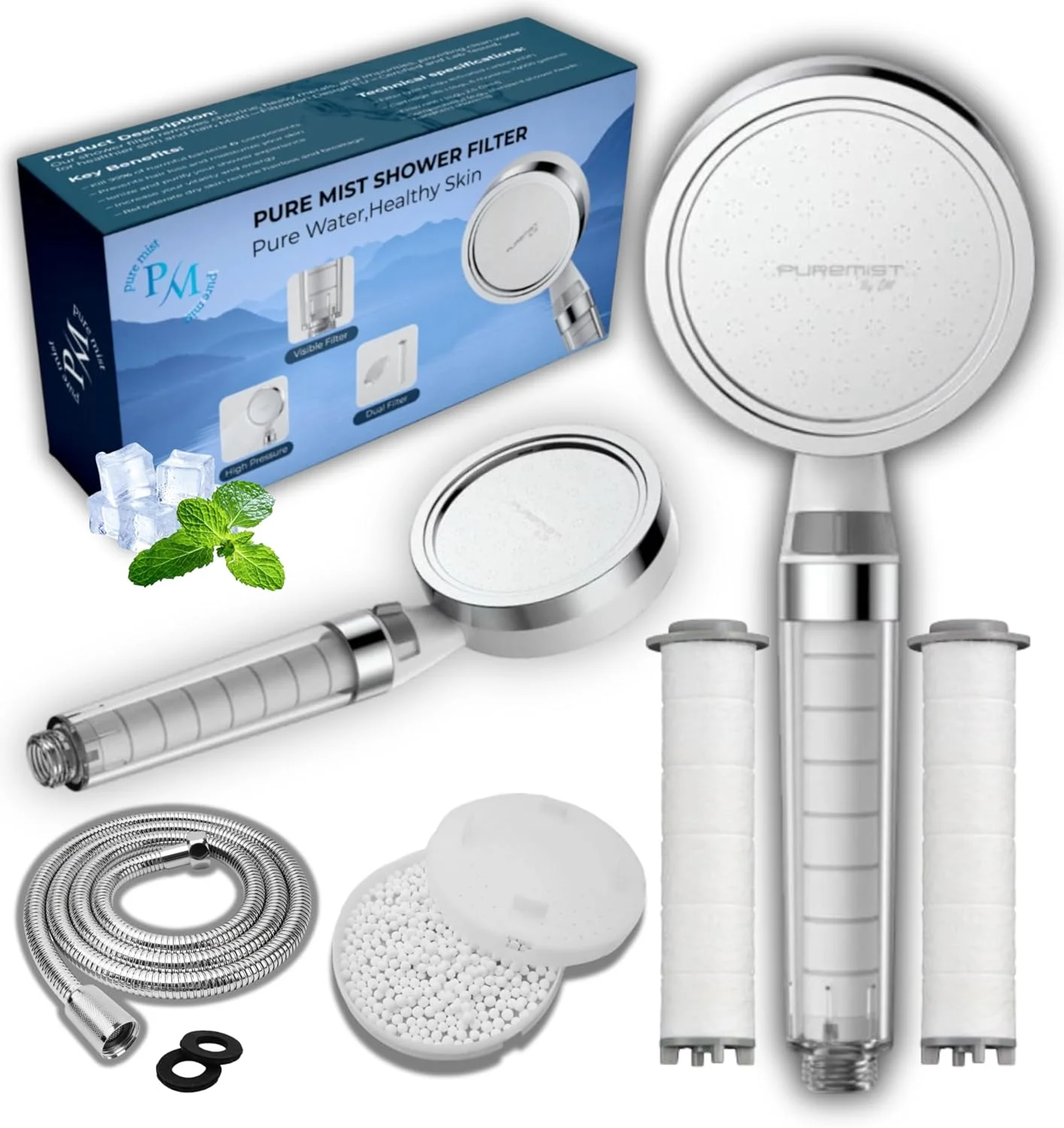 سردوش و فیلتر دوش PureMist - حذف تا 99% کلر و ناخالصی ها، بهبود موهای آسیب دیده و پوست خشک، فیلتر دوش دستی فشار قوی برای آب سخت با کارتریج فیلتر قابل تعویض