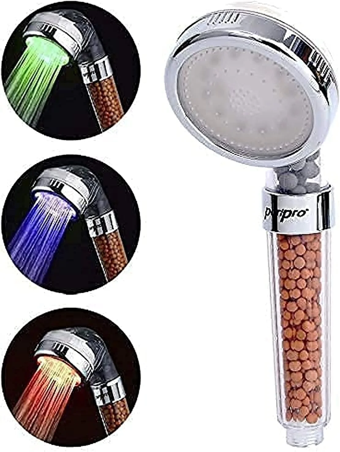 سردوش یونی تصفیه کننده آب پوری پرو، سردوش دستی برای صرفه جویی در آب، 3 رنگ با تغییر دمای آب و افزایش فشار تصفیه کننده (LED)