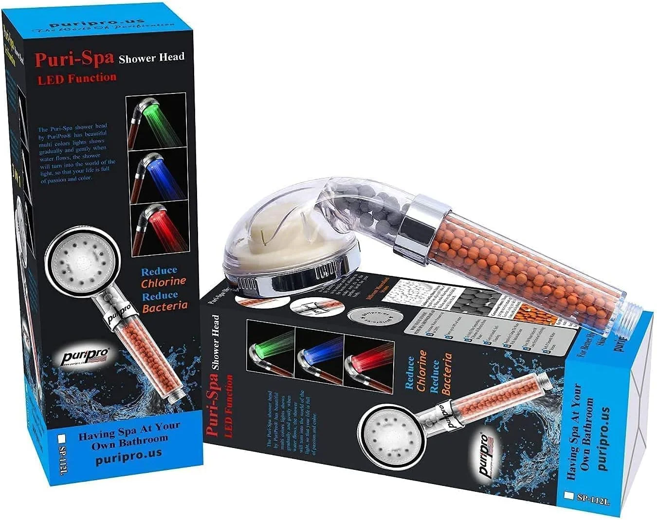 سردوش یونی تصفیه کننده آب پوری پرو، سردوش دستی برای صرفه جویی در آب، 3 رنگ با تغییر دمای آب و افزایش فشار تصفیه کننده (LED)