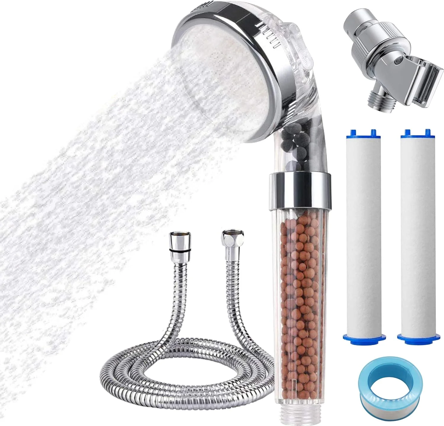 سردوش حمام با شلنگ، سردوش دستی فشار قوی با سنگ های فیلتراسیون و مهره ها، سردوش یونی با 3 حالت دوش برای پوست و موی خشک، سیستم دوش جهانی (2 کارتریج پنبه ای PP)