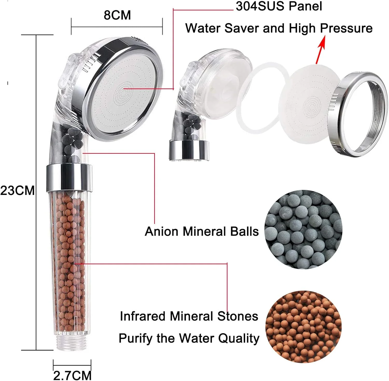 سردوش حمام با شلنگ، سردوش دستی فشار قوی با سنگ های فیلتراسیون و مهره ها، سردوش یونی با 3 حالت دوش برای پوست و موی خشک، سیستم دوش جهانی (2 کارتریج پنبه ای PP)