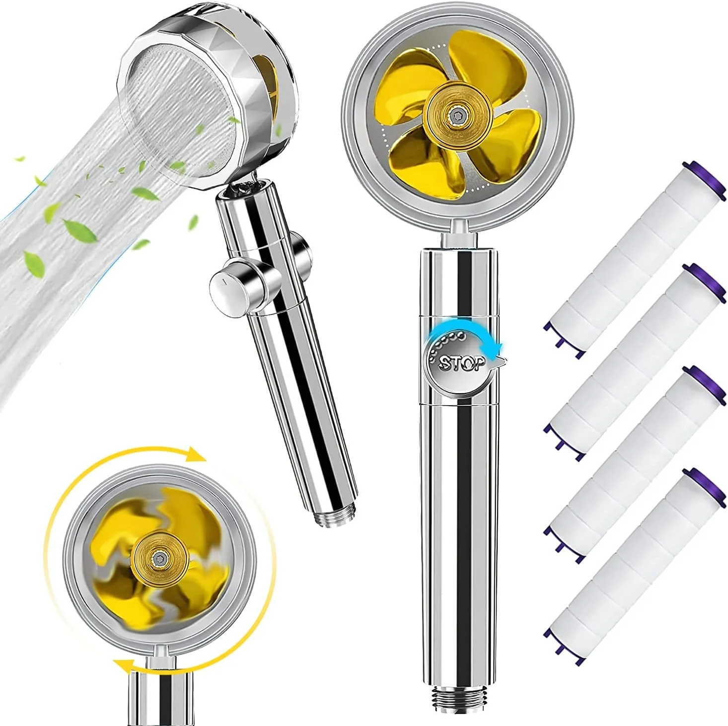 سردوش چرخشی پرفشار با فیلتر و دکمه تنظیم، چرخش 360 درجه، فن دار، صرفه جویی در آب (طلایی، 4 فیلتر)