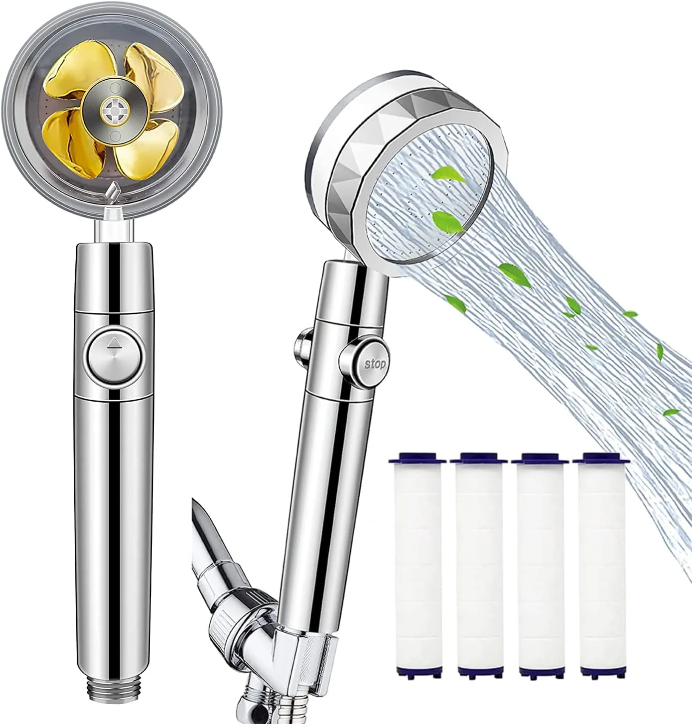 سری دوش دستی فشار قوی، سری دوش توربو با فیلتر و دکمه تنظیم، سری دوش Vortex 360 Pro با فن چرخشی، سری دوش پروانه ای جت هیدرو قابل جدا شدن (طلایی، 4 فیلتر)