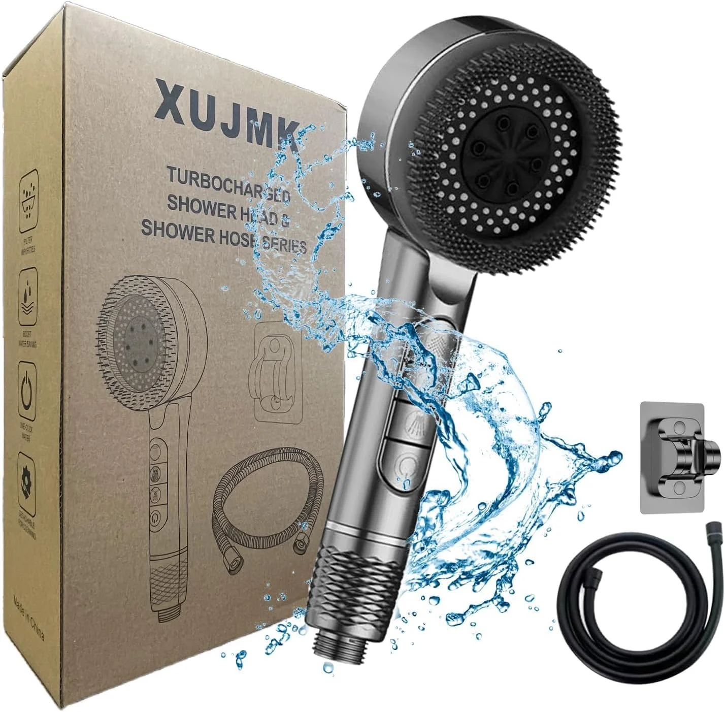 سردوش حمام QIXUZENI با 4 حالت، فشار قوی، سردوش دستی با قابلیت صرفه جویی در آب، دارای فیلتر و لوله 1.5 متری PVC + پایه، نصب آسان